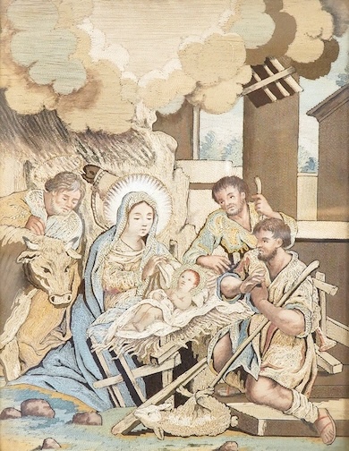 18th/19th century, Continental needlework on silk with hand painted decoration, Nativity scene, gilt framed, 26 x 20cm